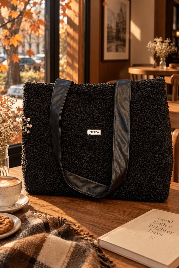 Black Teddy Snap Bag – Stylish, Soft Textured Large Shoulder Bag - with Leather Strap