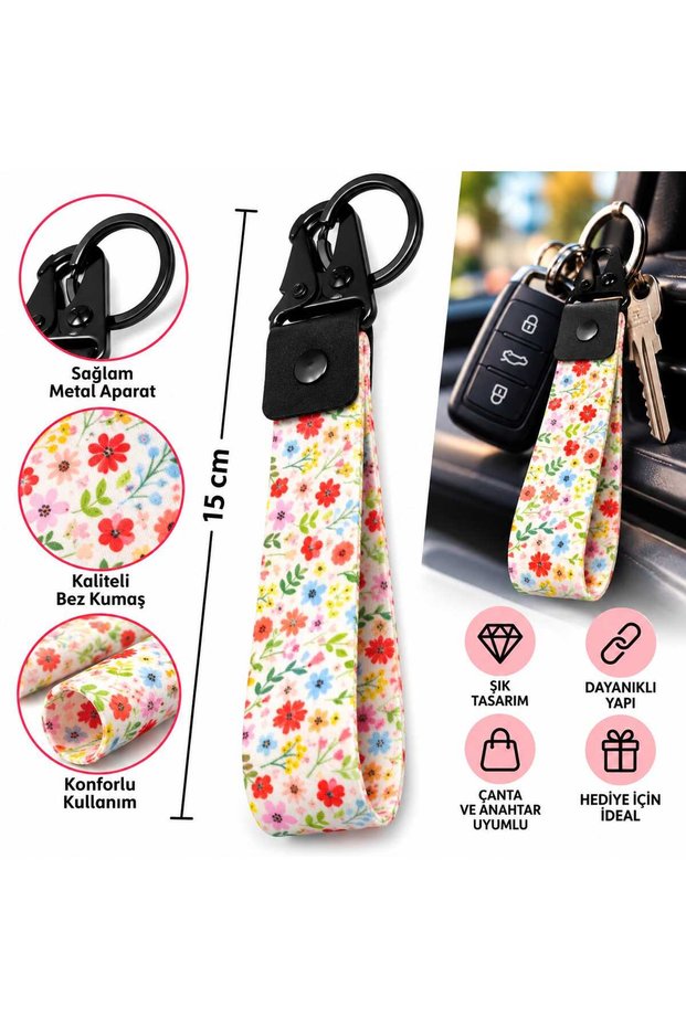 Colorful Flowers Patterned 15 cm Fabric Keyring Quality Auto-Moto Accessory Double-Sided Printing