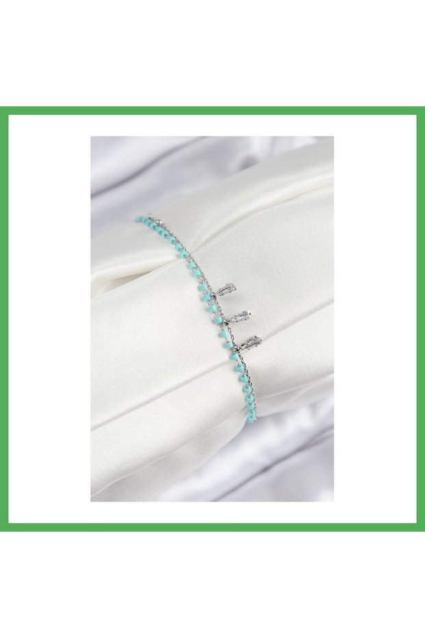 Brass Zircon Stone Blue Beaded Model Silver Color Women's Bracelet Bezoss