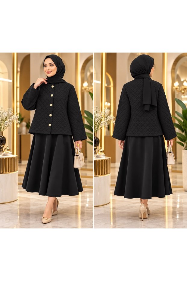 Women's Gold Button Diamond Patterned Skirt Suit Black