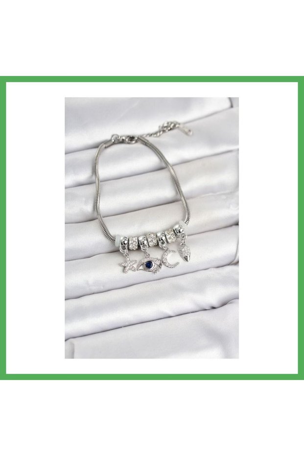 Brass Silver Color Eye Detailed Charm Women's Bracelet Bezoss