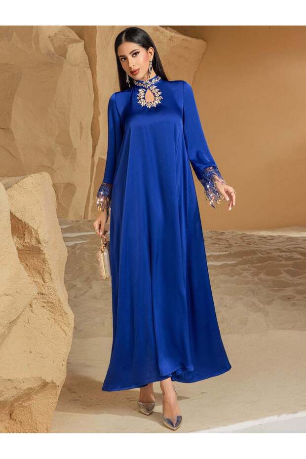 Embellished Fringe-Cuff Maxi Dress