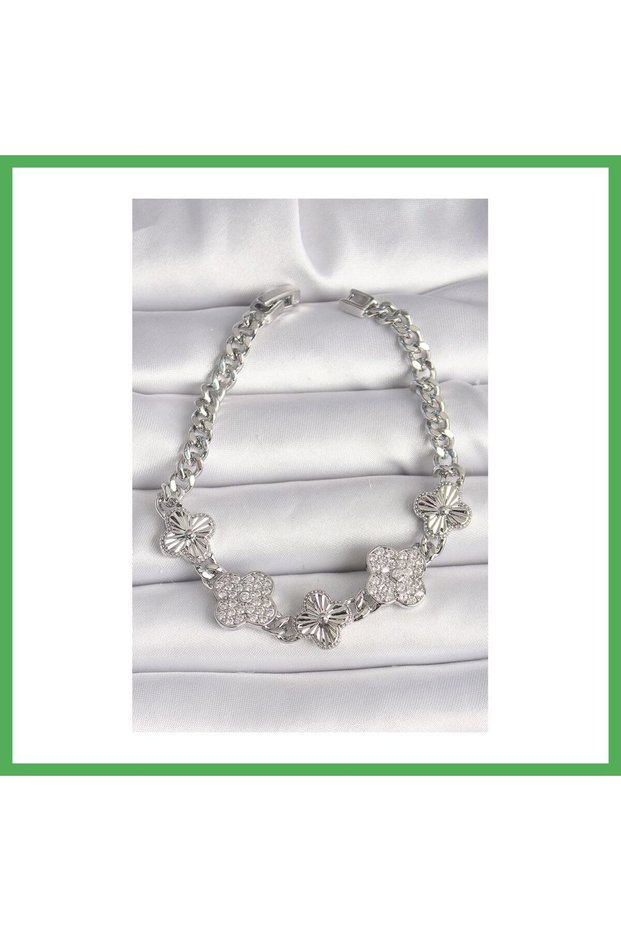 Brass Silver Color Chain Clover Model Women's Bracelet Bezoss