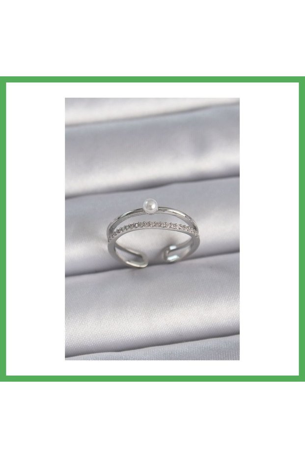 Brass Silver Color Zircon Stone Pearl Detail Adjustable Model Women's Ring Bezoss
