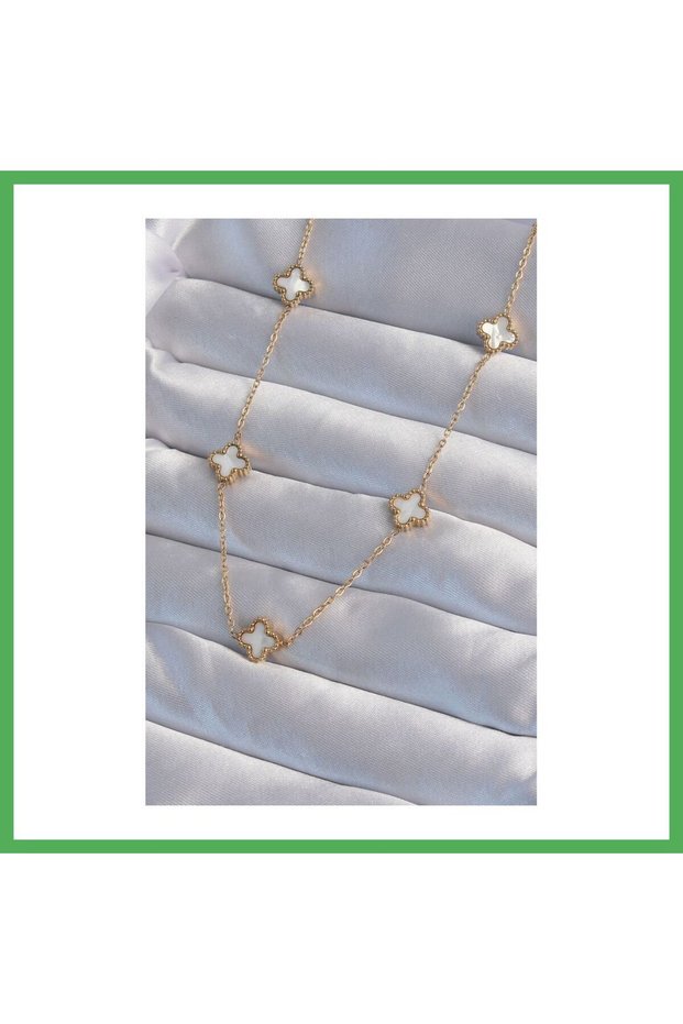 316L Steel Gold Color Minimal White Pearlescent Clover Necklace Bezoss