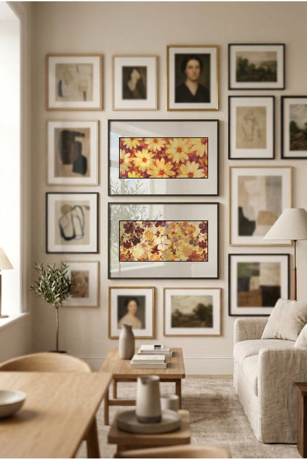 2 Pieces of Black Wooden Framed Horizontal Wooden Painting with Pvc Panels - Yellow Daisy Garden Themed - Home, Business and Office Decoration Painting