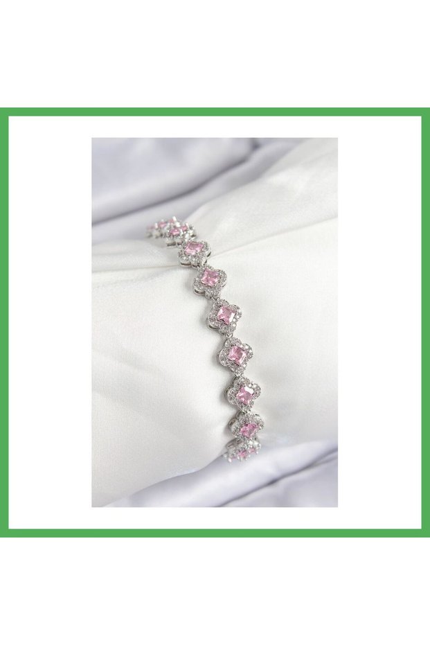 Brass Zircon Stone Pink Clover Baguette Model Silver Color Vip Series Women's Bracelet Bezoss