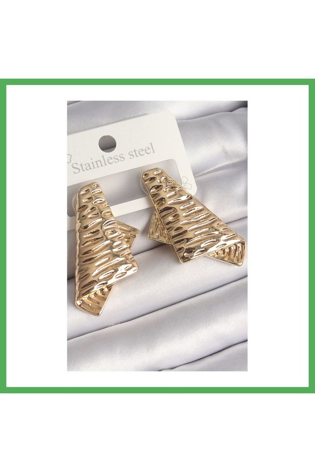 Brass Gold Color Processing Detailed Folded Square Plate Model Women's Earrings Bezoss