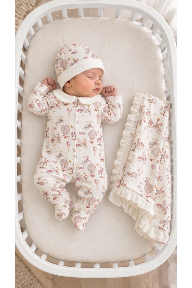 Petit Carrousel Patterned Jumpsuit, Hat and Ruffle Blanket 3-Piece Newborn Hospital Discharge Set
