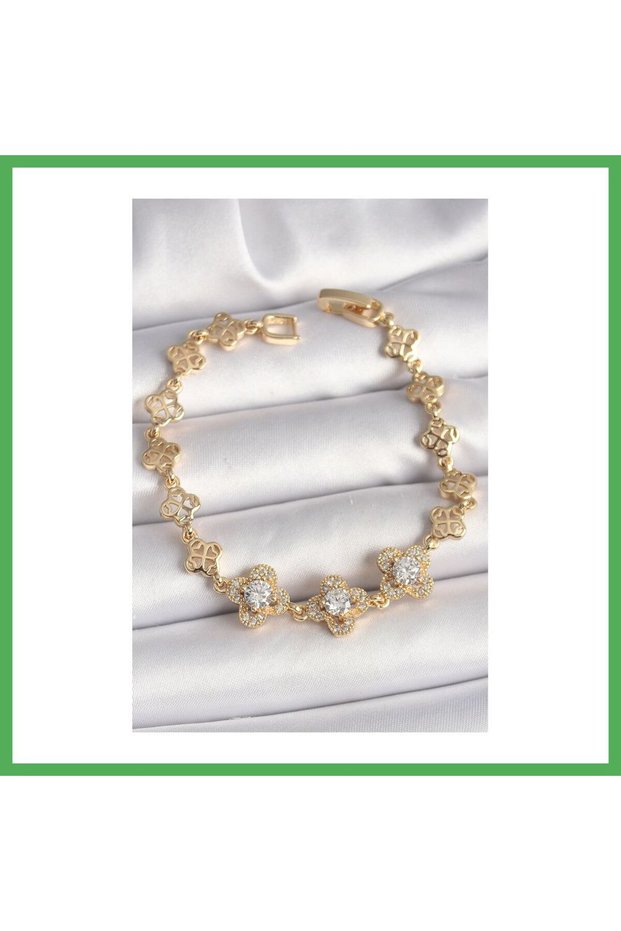 Brass Gold Color Zircon Stone Clover Model Women's Bracelet Bezoss