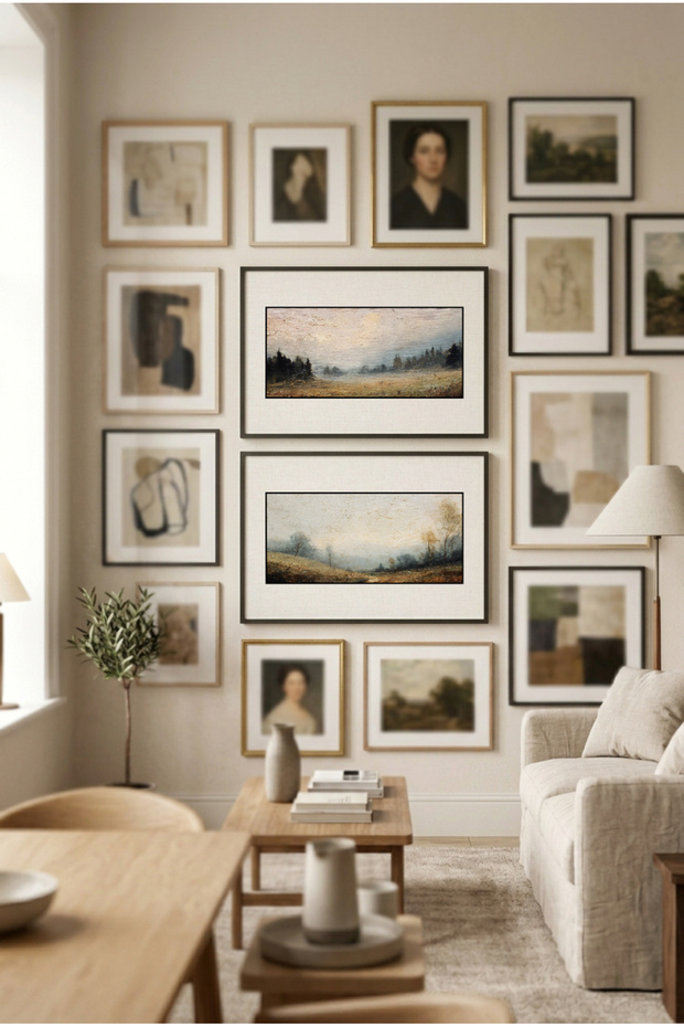 2 Pieces of Pvc Wood-Paneled Horizontal Wooden Painting with Black Wood Frame, Featuring a View of Foggy Pine Forest and Meadow - Home, Business, and Office Decoration Painting