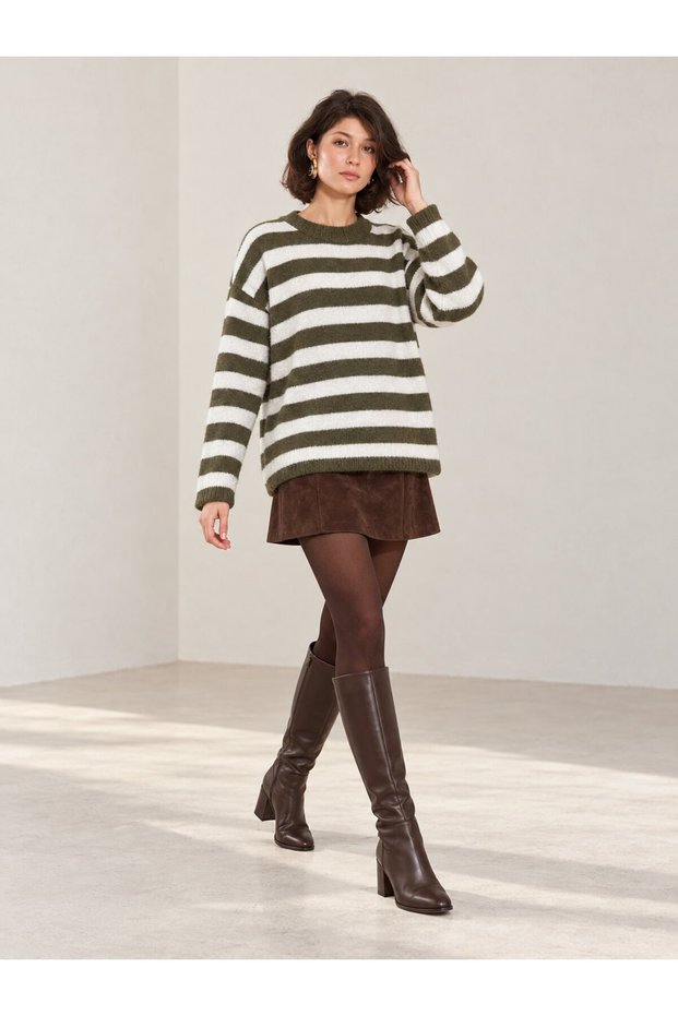 Oversize Soft Textured Crew Neck Striped