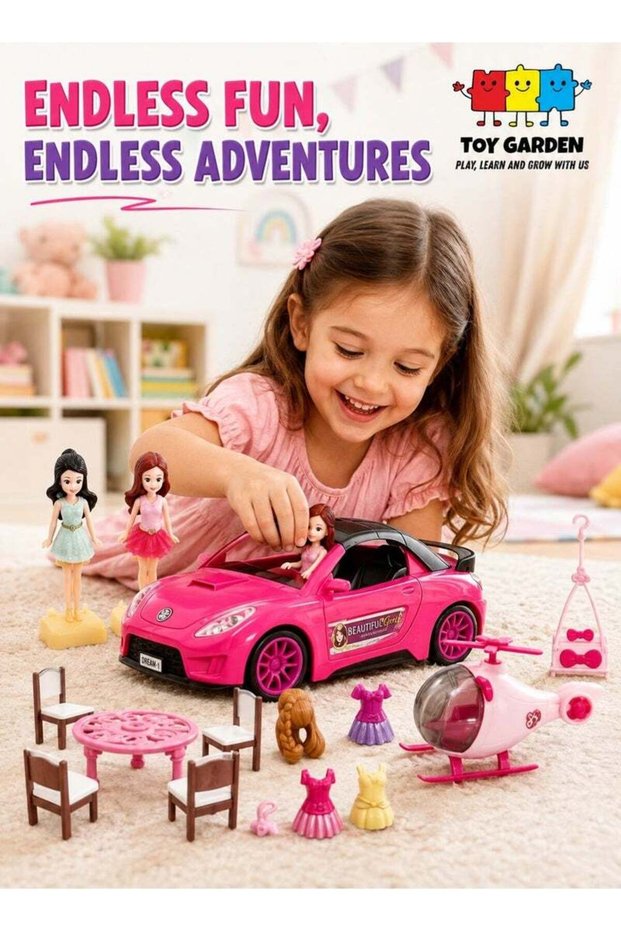 Girls Fashion Vehicle Playset, Pink Sports Car & Helicopter Playset for Girls – Complete