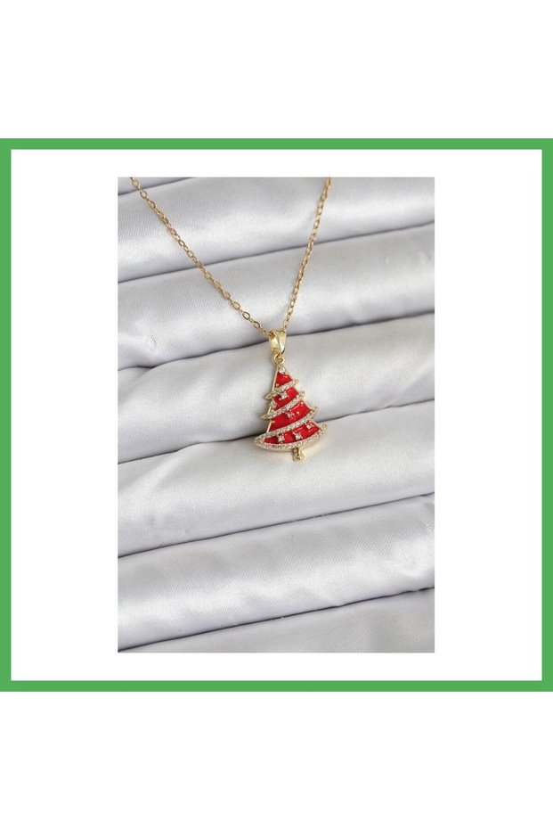 316L Steel Chain Gold Color Red Pine Tree Model Christmas Themed Women's Necklace Bezoss