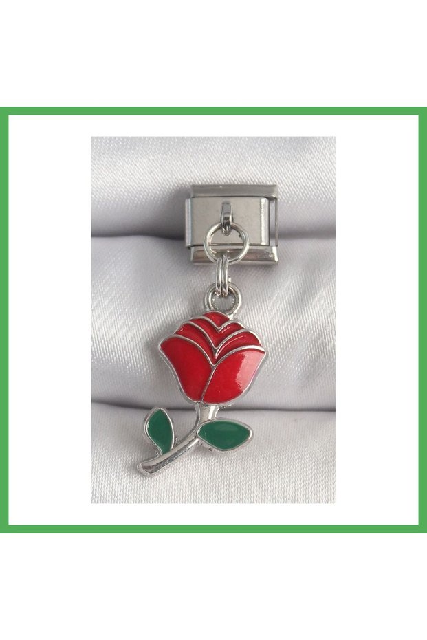 316L Steel Silver Color Dangle Red Rose Model Nomination Charm Bezoss