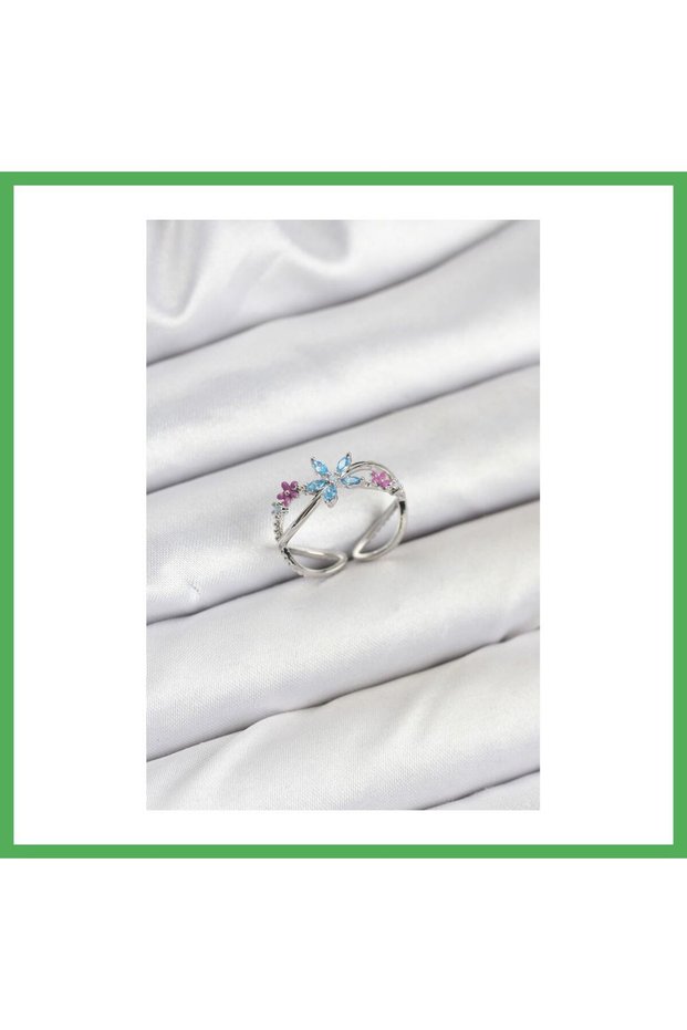 Brass Silver Color Zircon Stone Blue Floral Women's Ring Bezoss