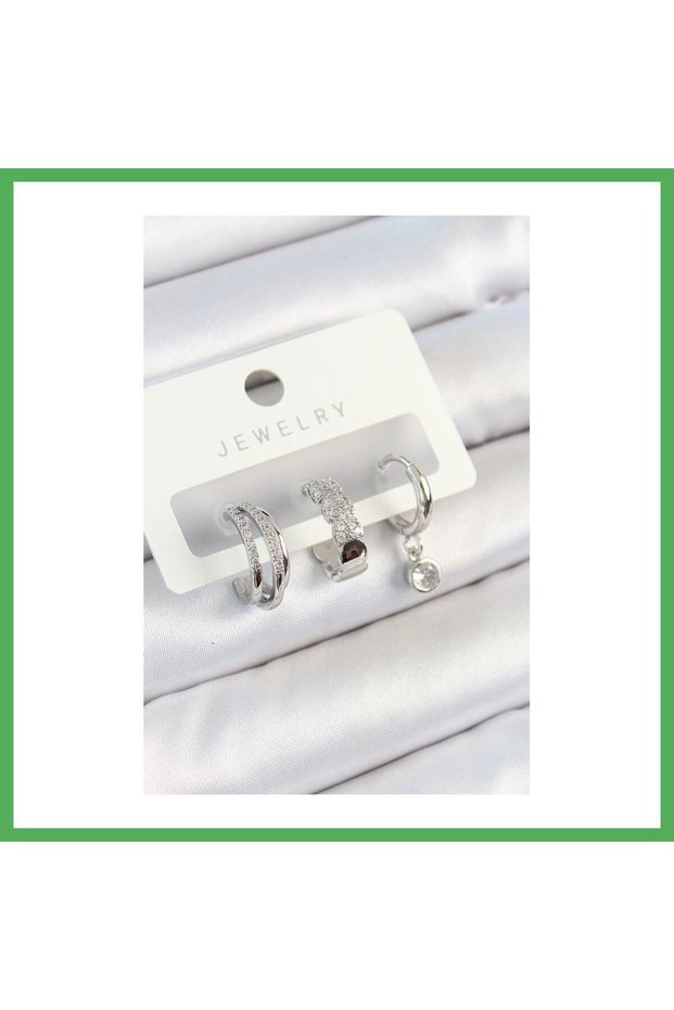 Brass Zircon Stone Hoop Model Silver Color 3-Piece Double Women's Earring Set Bezoss