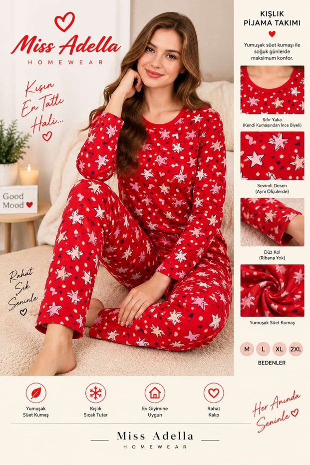 Women's Patterned Suede Pajama Set Long Sleeve Winter Soft Fabric