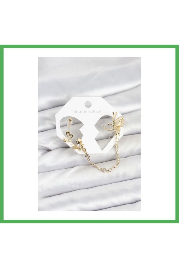 Butterfly Model Brass Gold Color Chain Linked Ear Cuff Earring Set Bezoss