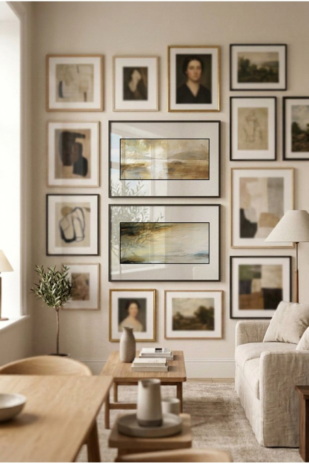 2 Pieces Pvc Framed Black Wood Framed Modern Beige and Golden Yellow Abstract Lake Reflections Horizontal Wood Painting - Home, Business and Office Decoration Painting