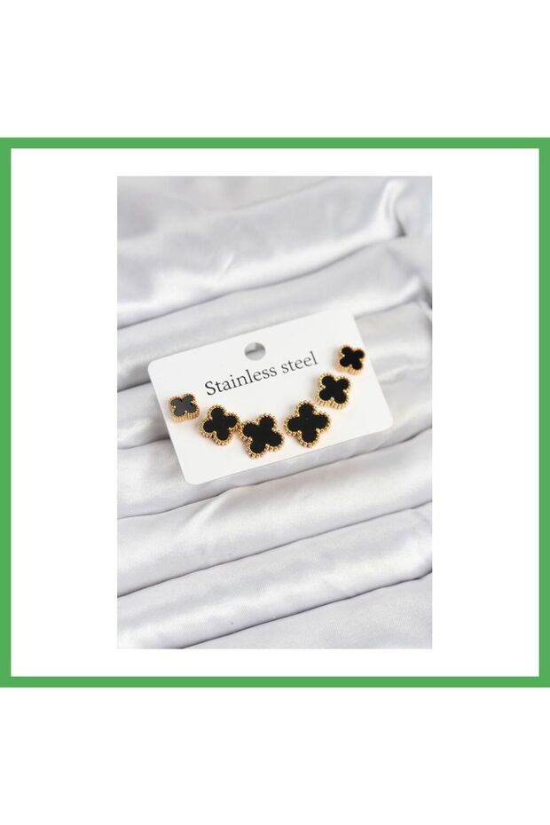 316L Steel Gold Black Color 3 Size Clover Earring Set Bezoss