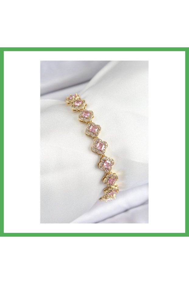 Brass Zircon Stone Pink Clover Baguette Model Gold Color Vip Series Women's Bracelet Bezoss