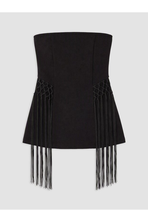 Peak New Season Black Strapless Tassel Blouse