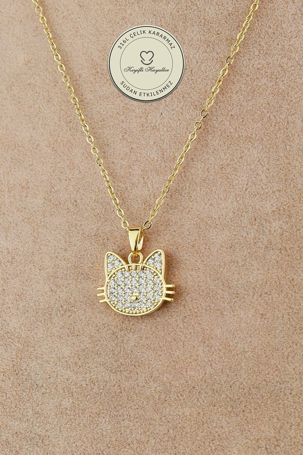 Steel Necklace - Stone Cat Chain Necklace 316L Steel Necklace Does Not Tarnish or Fade 39+5cm