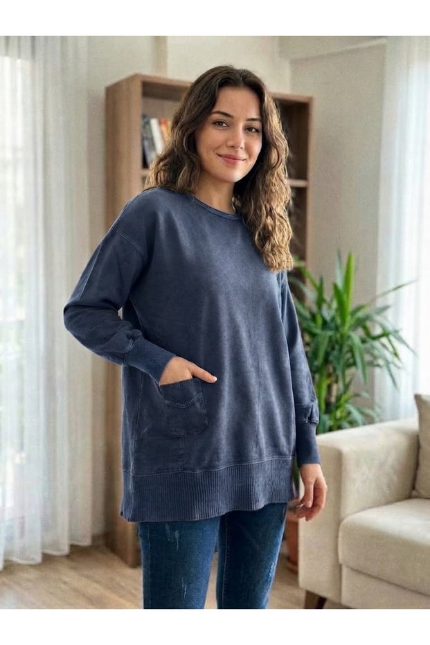 Women's Round Neck Oversize Loose 100% Cotton Sweater Tunic with Pocket and Vintage Fraying Detail