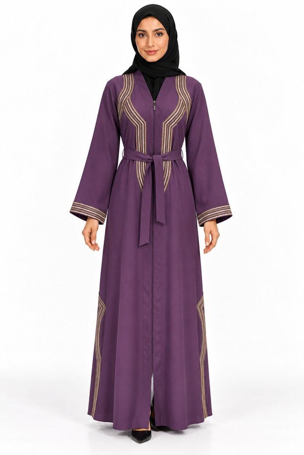 Embroidered Collar and Belt Abaya |   Embroidered Collar Abaya with Belt