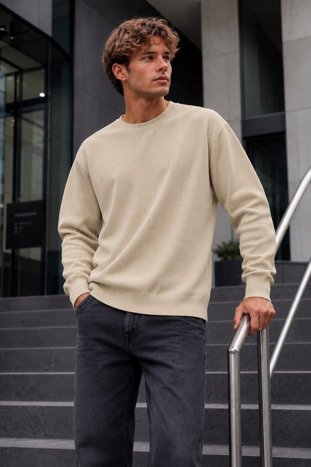 Men's Casual Crew Neck Ribbed Long Sleeve Cream Sweater