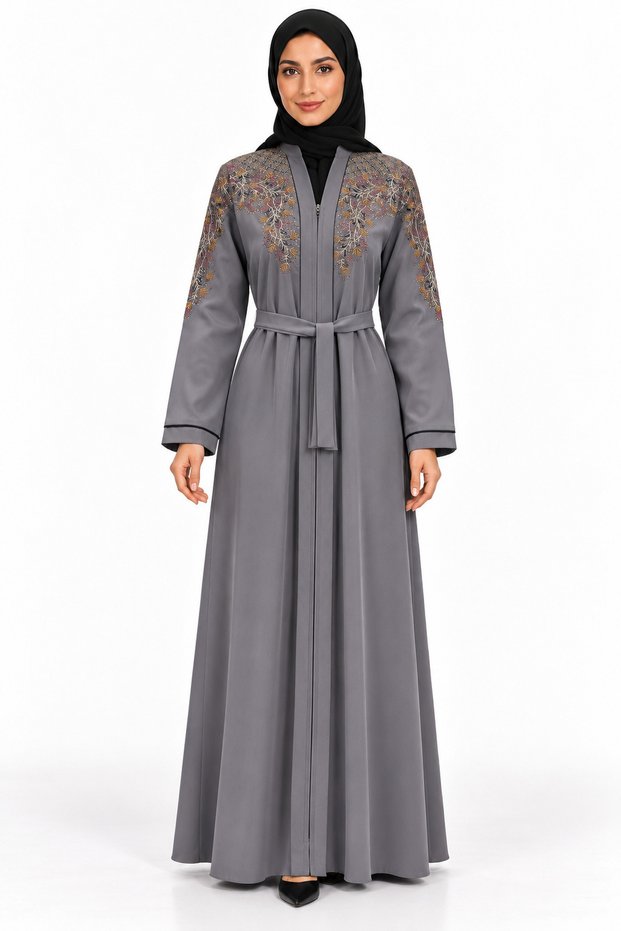 Floral Embroidery Abaya with Belt | Floral Embroidered Abaya with Belt