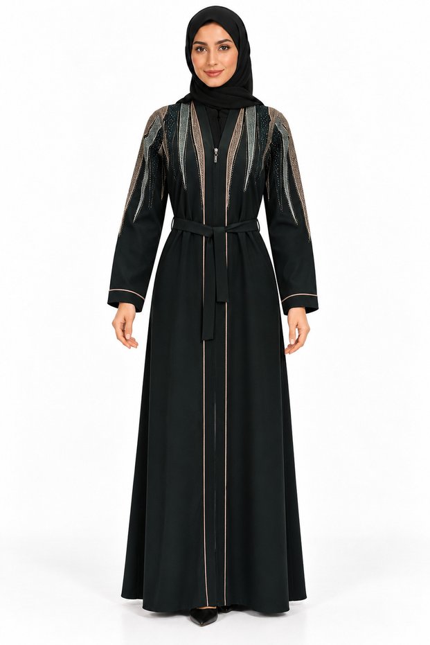 Triangle Embroidery and Belt Abaya | Triangular Embroidered Abaya with Belt