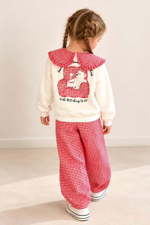 Girl's Teddy Bear Printed Ruffle Collar Swaetshirt & Red Gingham Jean Pants Set