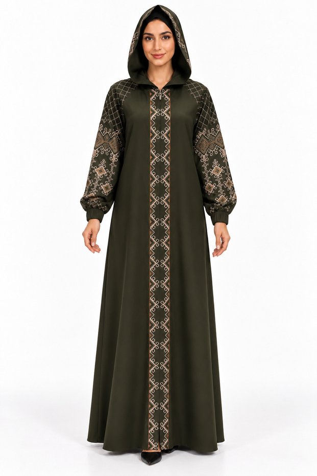 Abaya with Hat and Geometric Embroidery | Hooded Geometric Embroidered Abaya