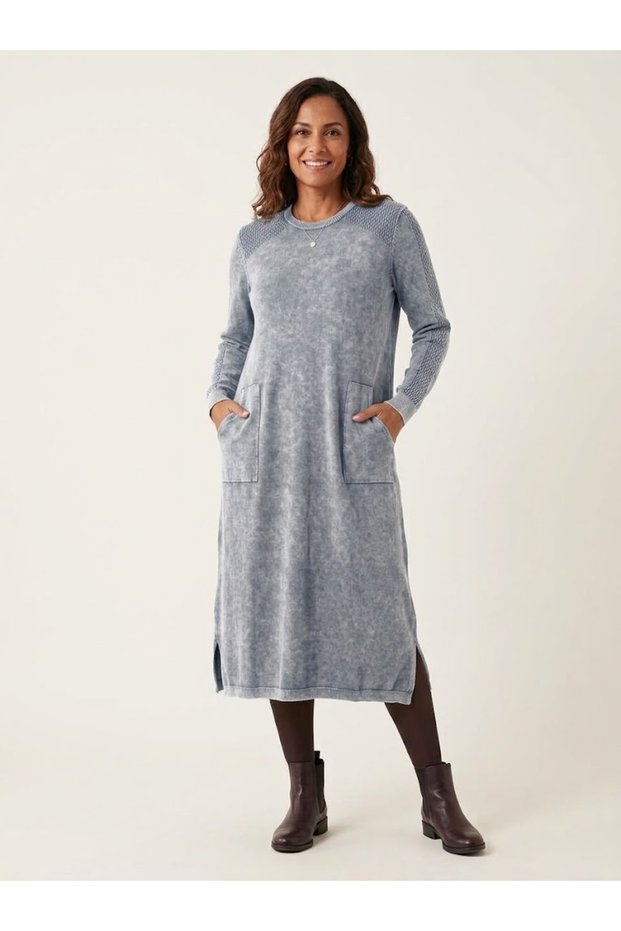 Women's Round Neck Pocketed Vintage Detailed Oversize 100% Cotton Midi Knitwear Dress