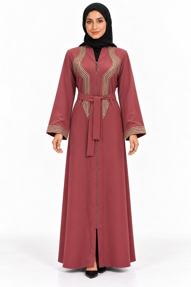 Embroidered Collar and Belt Abaya | Embroidered Collar Abaya with Belt