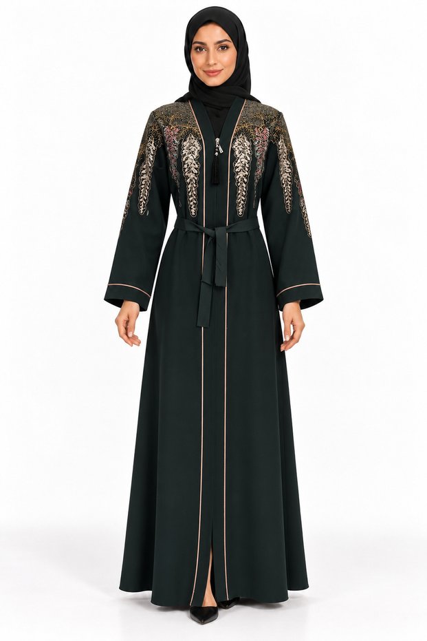 Abaya with Branch Embroidery and Belt | Botanical Embroidered Abaya with Belt