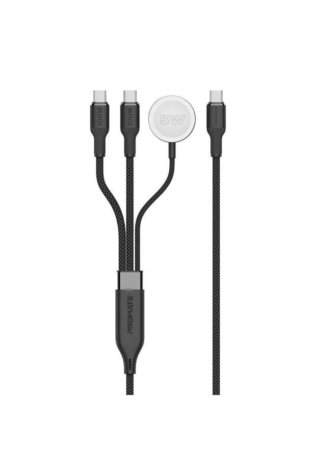 كابل شحن متعدد الأجهزة مع منفذي USB-C بقدرة 100 واط، شاحن متوافق مع ساعة آبل، سرعة نقل بيانات 480 ميجابت في الثانية.