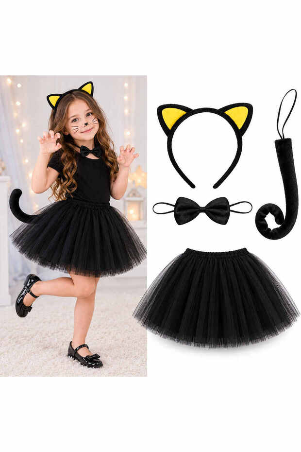 4-Piece Kids Cat Costume Set – Black Tutu Skirt, Yellow Cat Ear Crown, Tail, and Bow Tie
