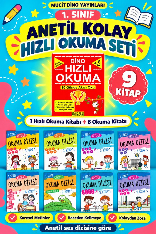 1. Grade Anetil Kolay Hızlı Okuma Seti - 9 Book Set (1 Fast Reading + 8 Keyifli Okuma Dizisi Books)