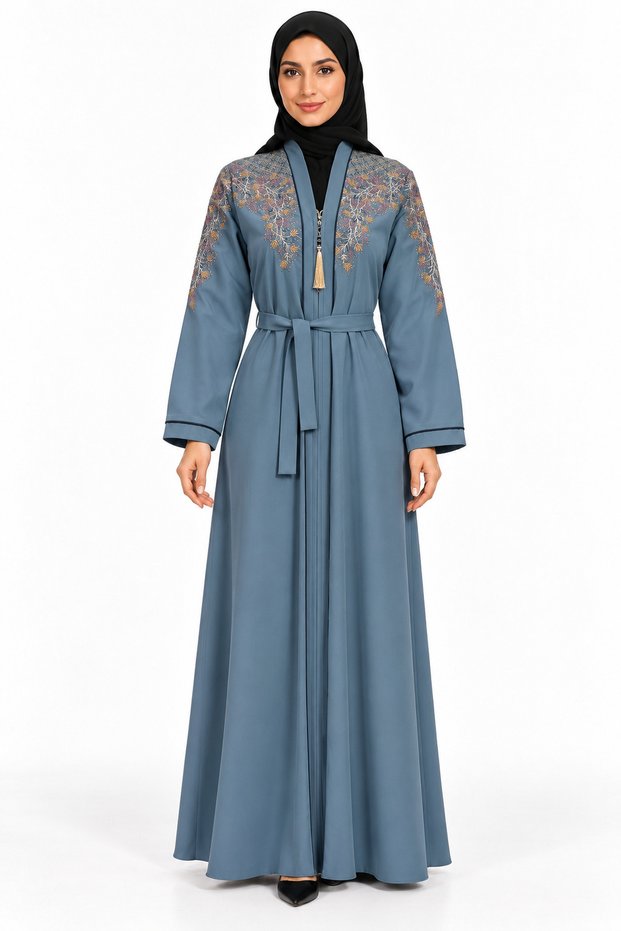 Floral Embroidery Abaya with Belt | Floral Embroidered Abaya with Belt