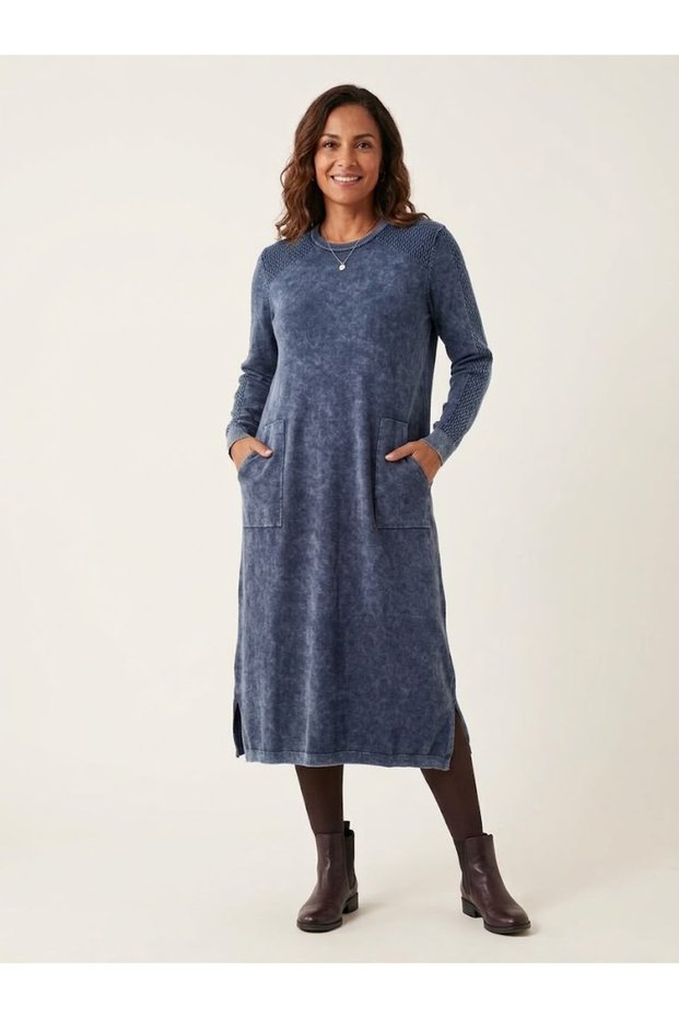 Women's Round Neck Pocketed Vintage Detailed Oversize 100% Cotton Midi Knitwear Dress