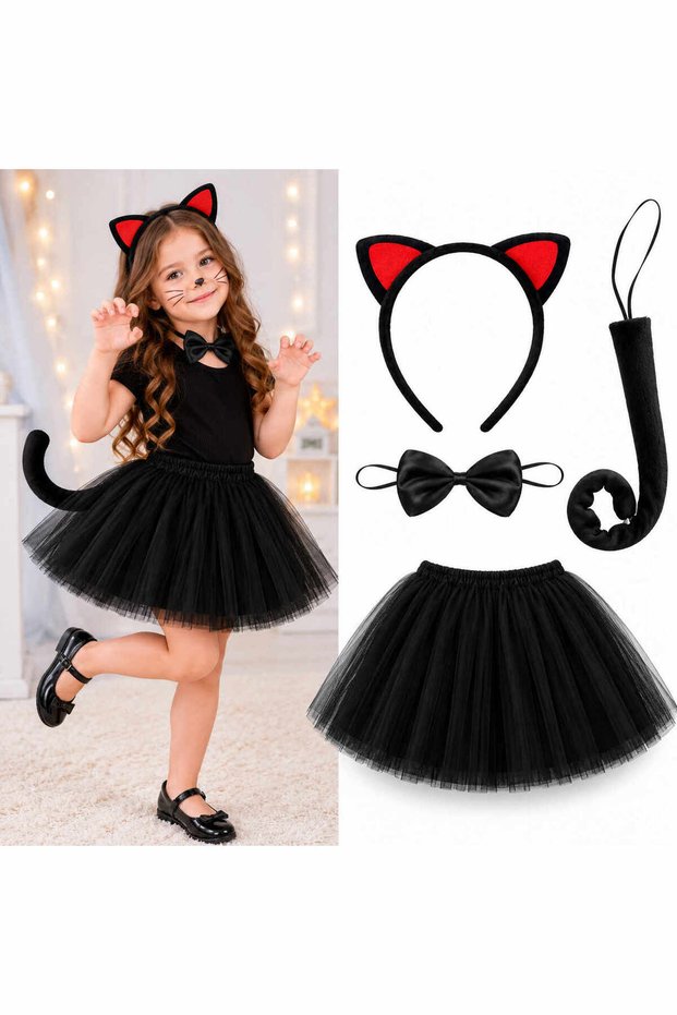 4-Piece Kids Cat Costume Set – Black Tutu Skirt, Red Cat Ear Crown, Tail, and Bow Tie