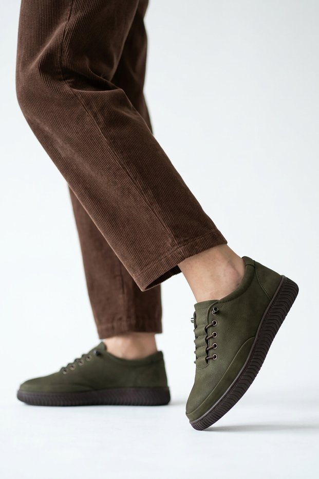 Bomles Pleated Elastic Tied Sole Stitched Genuine Leather Orthopedic Women's Shoes Khaki Nubuck
