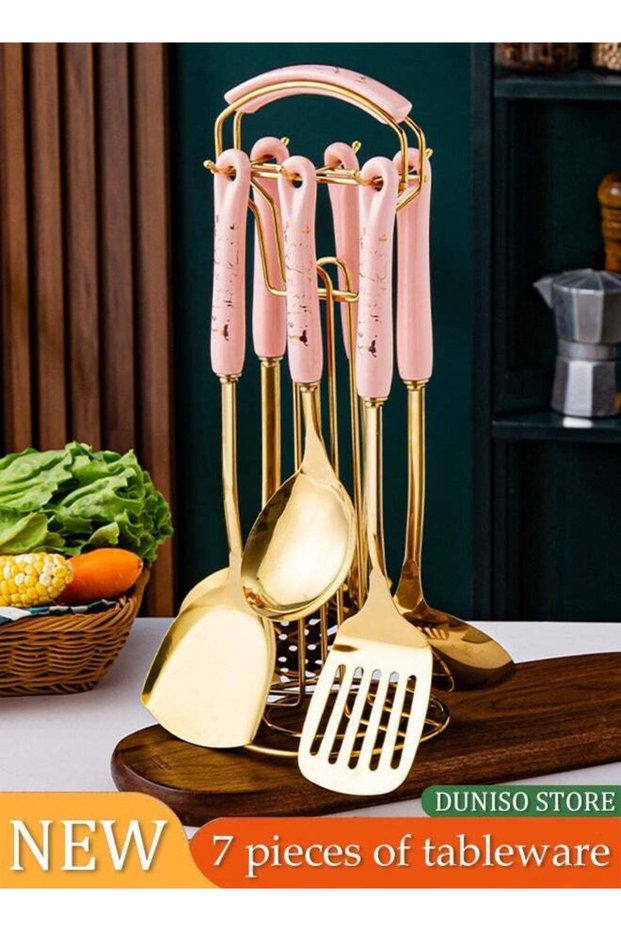 DUNISO 7 Pieces of Cooking utensil set, stainless steel kitchen supplies set, with storage rack and