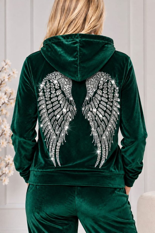 Moda Women's Velvet Stone Embroidered Wing Pattern Hooded Zipper Tracksuit Set