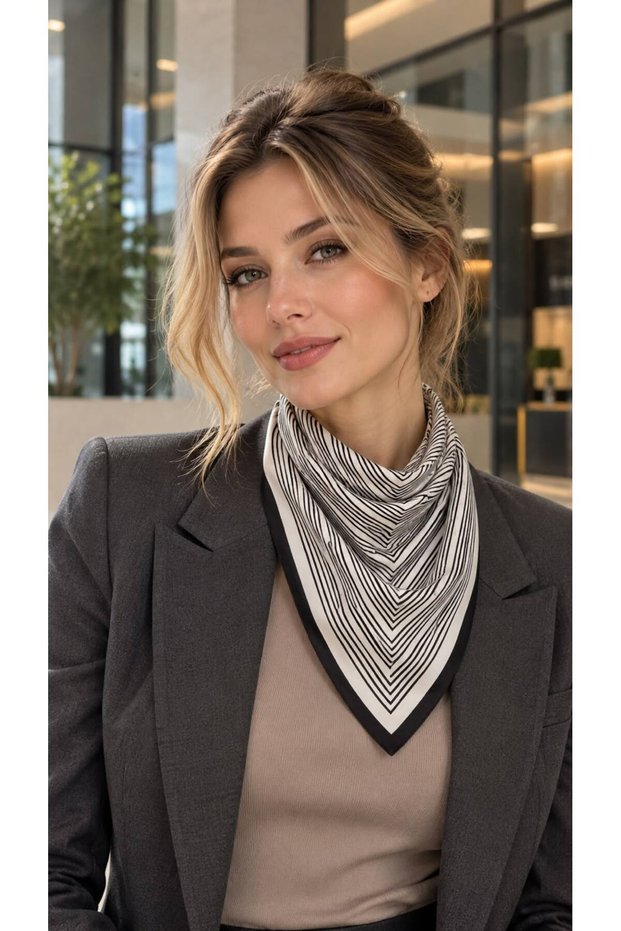 Ecru Striped Patterned Cotton Women's Scarf 70X70 cm