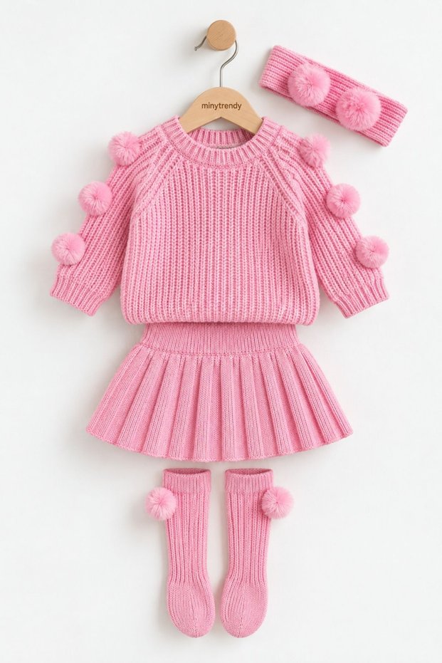 Baby Girl Child Pompom Knitwear Sweater Skirt Bandana Socks 4 Piece Winter Set