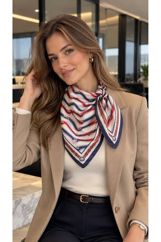 Navy Blue Wavy Striped Cotton Women's Scarf 70X70 cm